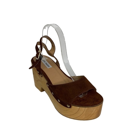 Steve Madden Suede & Wooden Platform Clog Sandals Brass Rivets Adjustable Strap - Picture 7 of 12